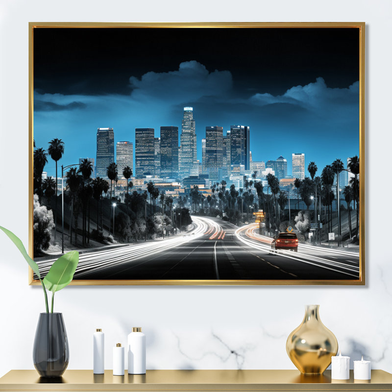 " Black Blue Los Angeles Beautiful Cityscape ", H 12 po x l 20 po, Encadrement doré