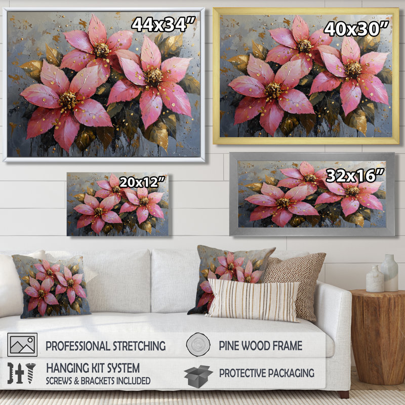 Hiver rose couronne de poinsettias - art mural poinsettias, H 28 po x l 60 po, Encadrement argenté