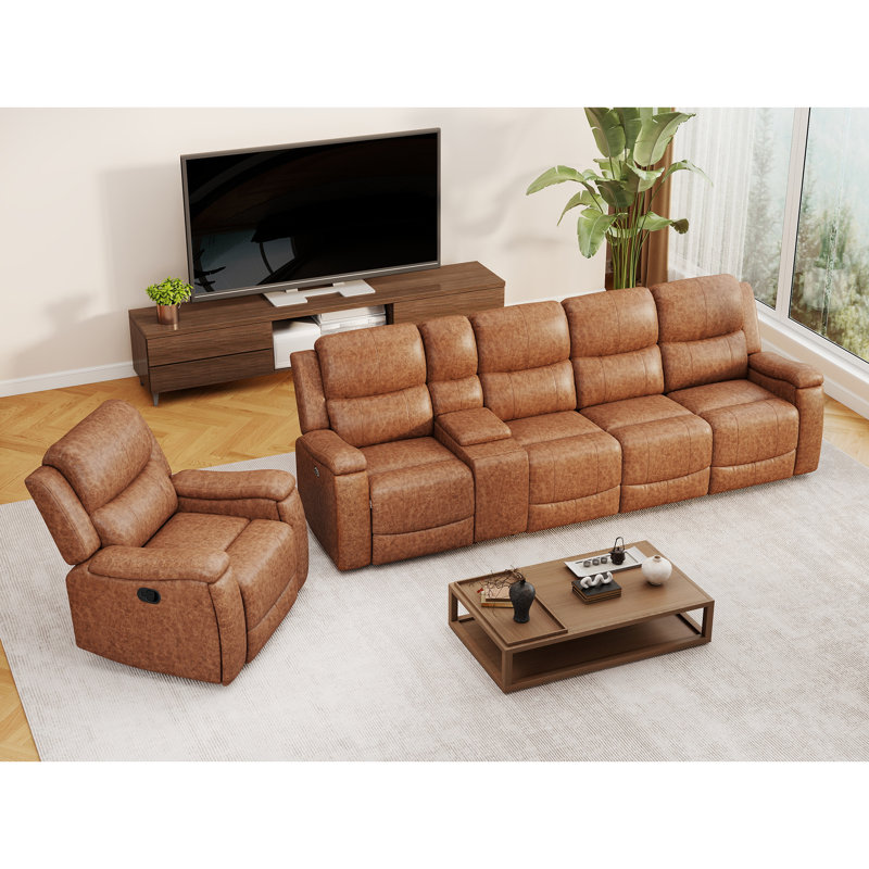 Ensemble de sofas inclinables modernes 3 pièces avec porte-gobelets et rangement, Similicuir brun