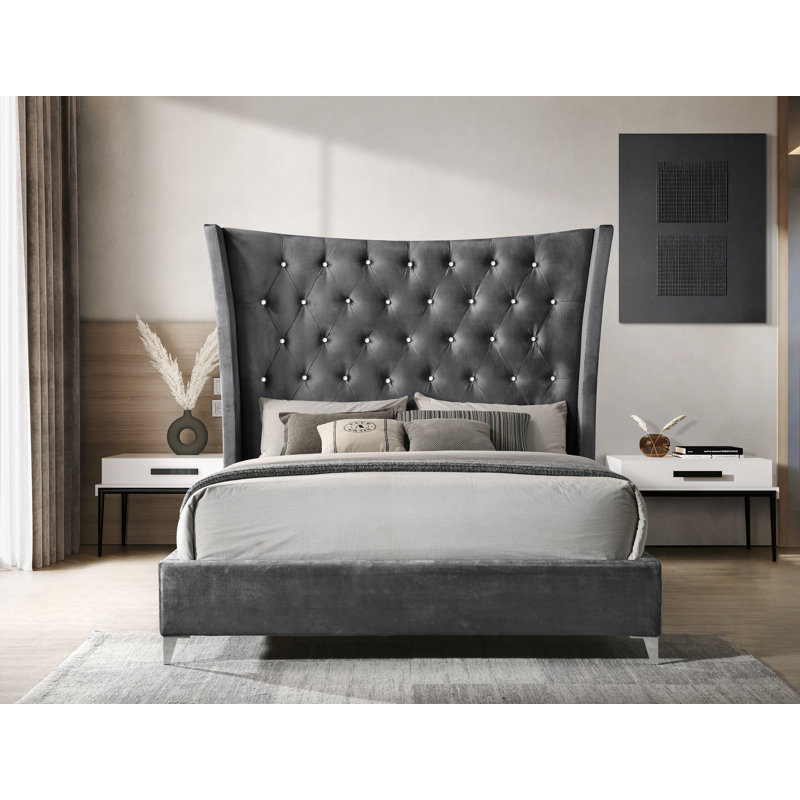 Jozyah Upholstered Wingback Bed, Dark Gray, Queen