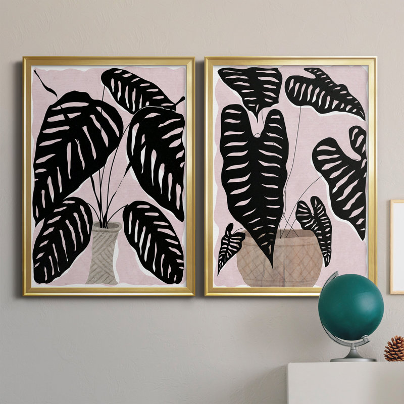 Plante en pot I - ensemble de 2 peintures sur toiles, Gold Framed Canvas, H 26,5 po x l 73 po x P 1,5 po
