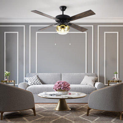 Ventilateur de plafond 52 po à 4 pales DEL noir avec abat-jour en verre doré Pamrapo