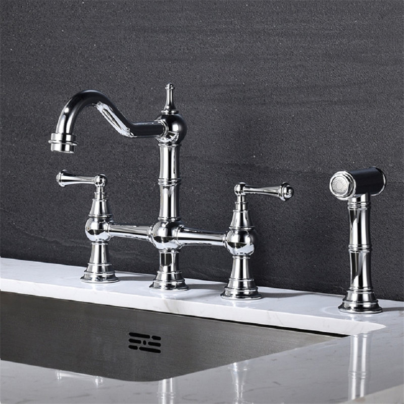 Robinet de cuisine à deux poignées Bridge avec douchette latérale extractible, Chrome chrome