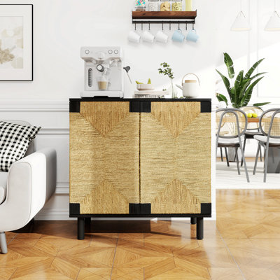 2 Door Buffet Sideboard With Adjustable Shelves ,Storage Cabinet With Natural Seaweed Decor Doors For Living Room Kitchen Entryway