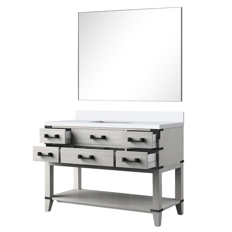 Meuble-lavabo simple en chêne blanc de 48 po de largeur avec comptoir en quartz Miroir, mécanisme de fermeture en douceur et rangement généreux avec miroir scellé pour durer cinq tiroirs