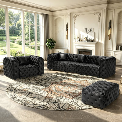 Ensemble de salon modulaire 3 pièces Ecoliving, ensemble de canapé en similicuir avec canapé, fauteuil et repose-pieds, capitonné