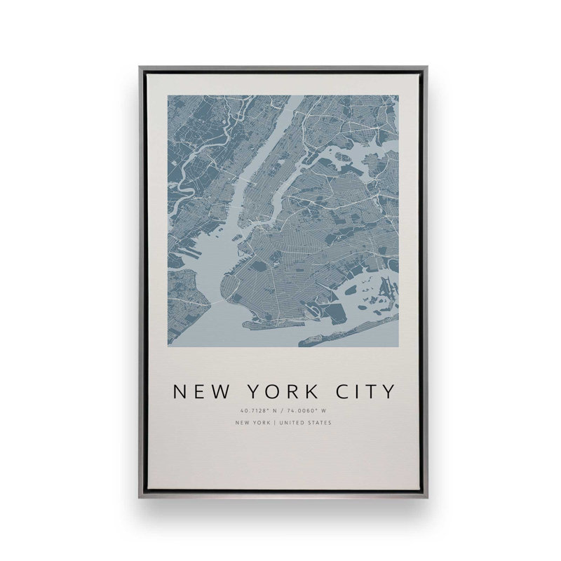 «New Your City Street Map», reproduction d'art sur toile, 32 po x 48 po, Cadre flottant en chrome poli