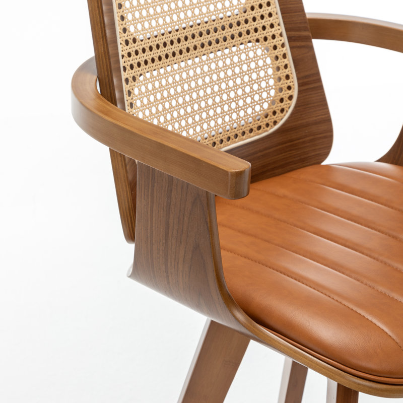 Clero Swivel Faux Leather Counter Stools With Rattan Back, Bar Stool (30" Seat Height), Brown