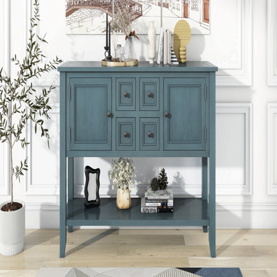 Grande console de rangement rétro Cambridge Series avec quatre petits tiroirs et une tablette inférieure pour les salons, les entrées et les cuisines