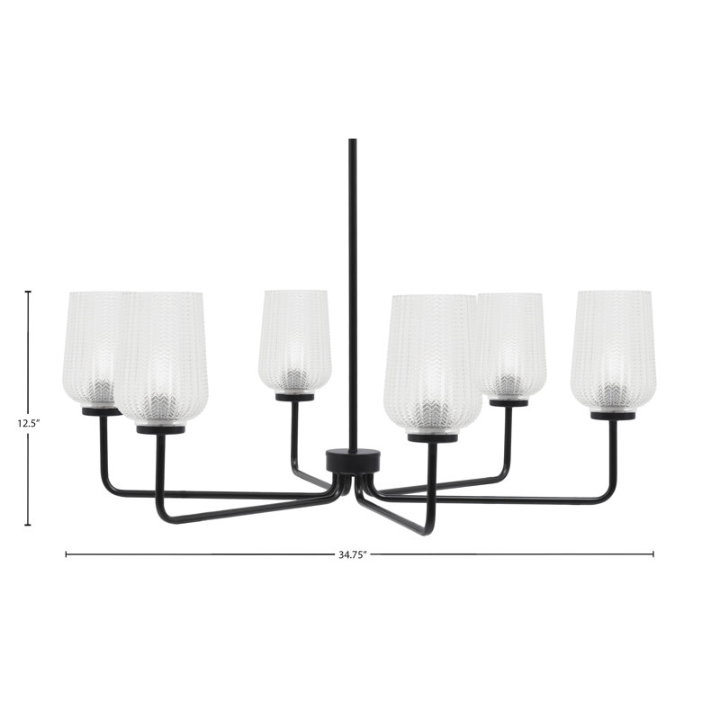 Lustre 6 lumières Amarmula, finition noir mat, verre texturé transparent 5 po, Clair, Noir