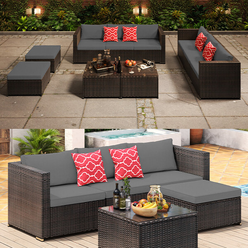 Lockney Modern 4-Person Outdoor Patio Set with Cushions, UV & Rust-Resistant Wicker Frame, Gray