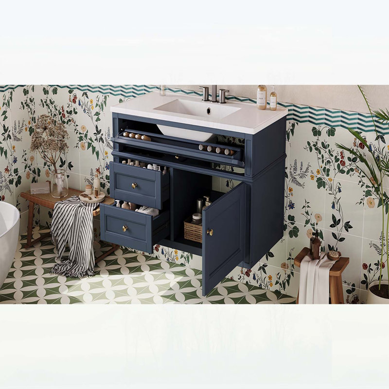 Meuble-lavabo mural 36 po avec 2 tiroirs, 1 tiroir basculant, lavabo simple en céramique 3 trous, armoire de rangement flottante moderne.