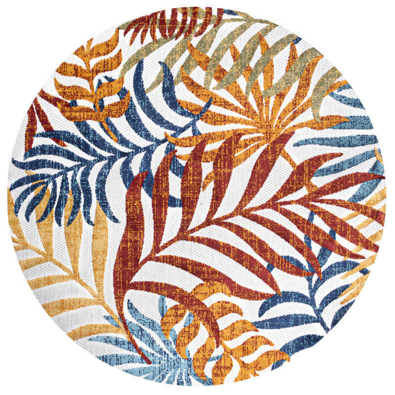 Tapis intérieur / extérieur gris / bleu Mandalay Tropics, Cream/Orange, Rond 5 pi 3 po