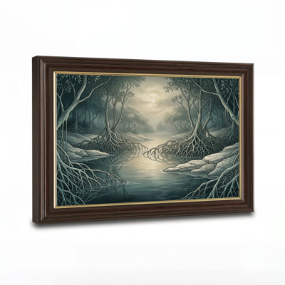 Tableau sur toile représentant une forêt marécageuse au clair de lune avec des racines apparentes