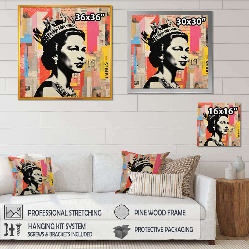 Coloré popart iconique, reine du Royaume-Uni 3 - Art mural célébrité, Toile tendue, H 16 po x l 16 po x P 1 po