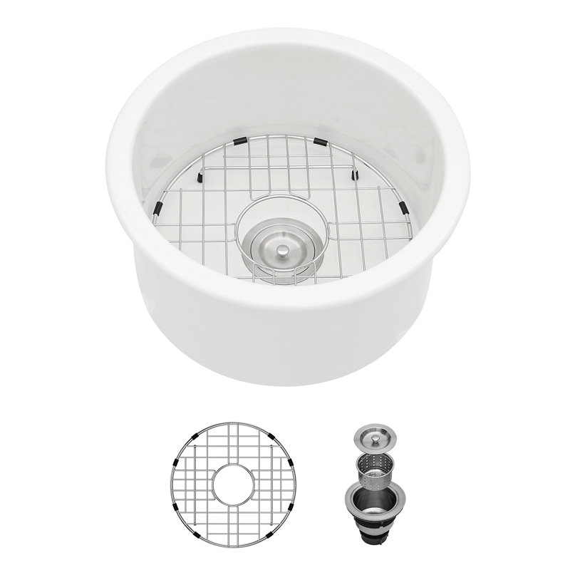 18 Inch Dual Mounted Single Bowl Ceramic Circular Kitchen Sink With Drain Assembly And Bottom Grid