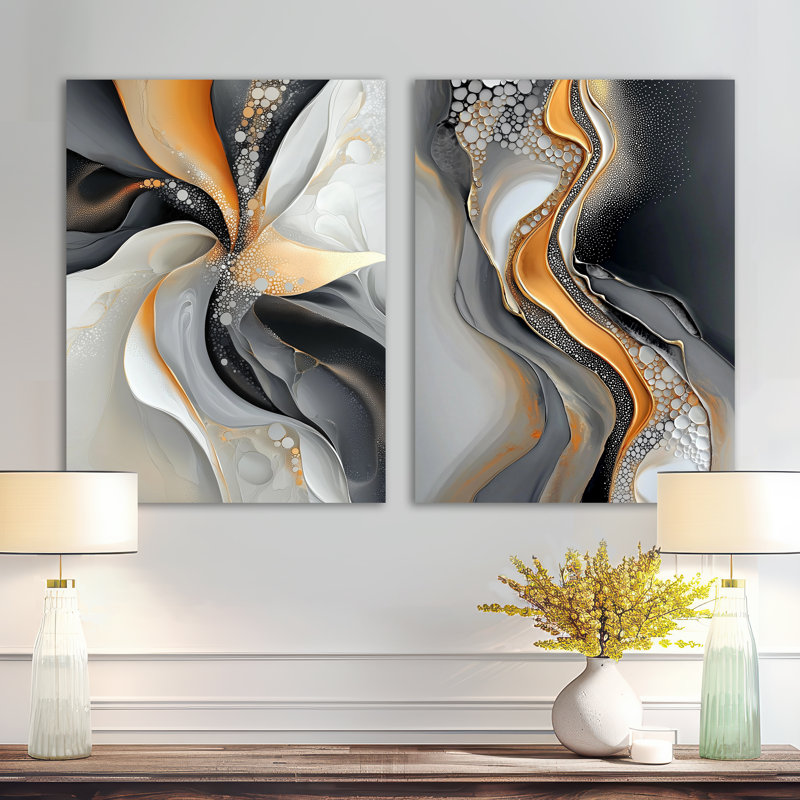 Encre dorée et grise fractale I - ensemble de 2 décorations murales géométriques en métal, 32" H x 48" W