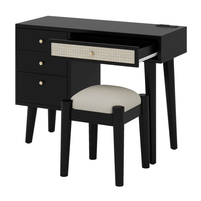 39" Retro Bohemian Style Wooden Makeup Vanity Set With Storage Drawers, Black
