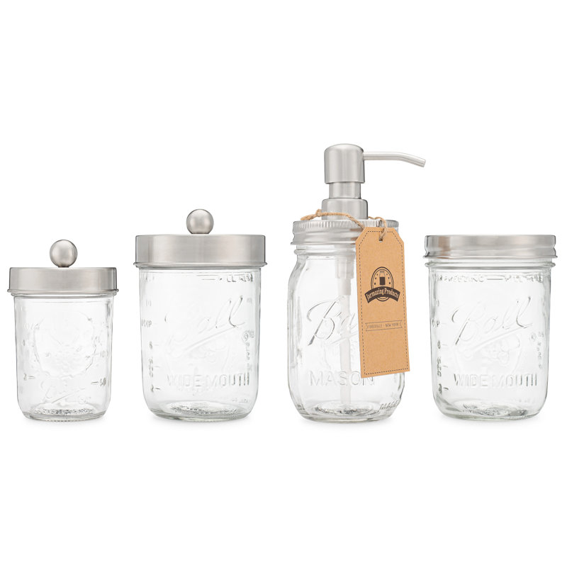 Silver Glass Mason Jar Bathroom Accessory Set with Stainless Steel Lids