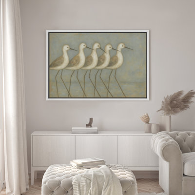 Shorebirds Coastal Wall Art - Minimalist Illustration of Wading Birds, Framed Beach-Themed Decor in Soft Tones for Seaside Spaces