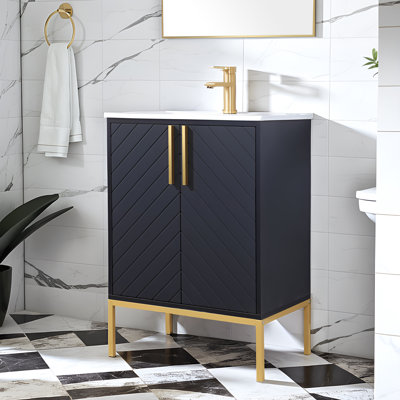 24" Black Modern Free-Standing Single Bathroom Vanity With Ceramic Top