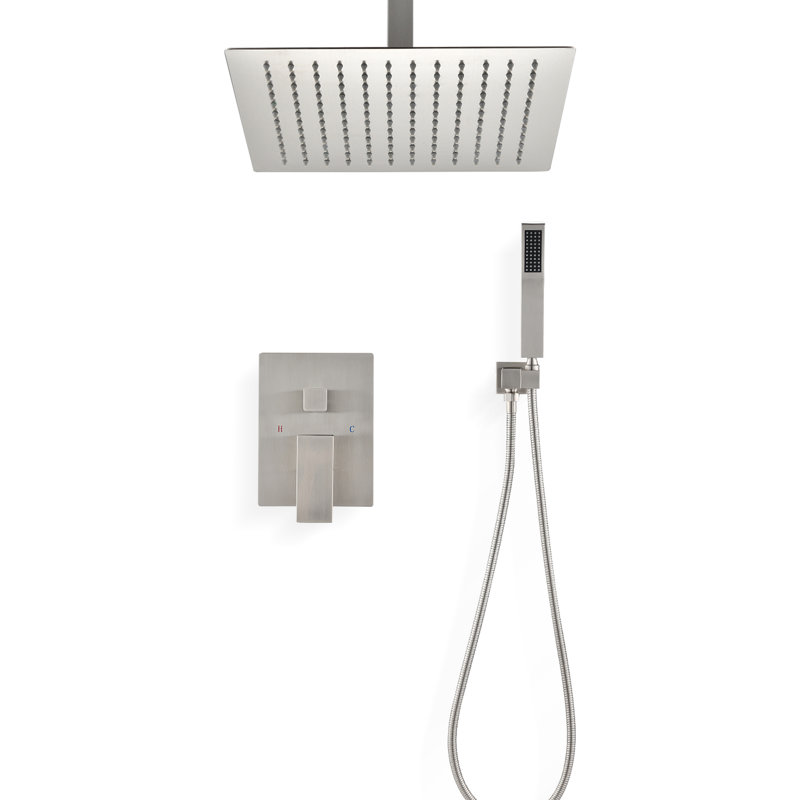 Ceiling Mounted Shower - 16" Head, Handheld, Brass Construction With Handheld And Head, Brushed Nickel