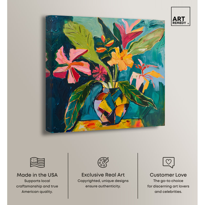 Vibrant Tropical Flowers in Vase Canvas Art, 12" x 12"