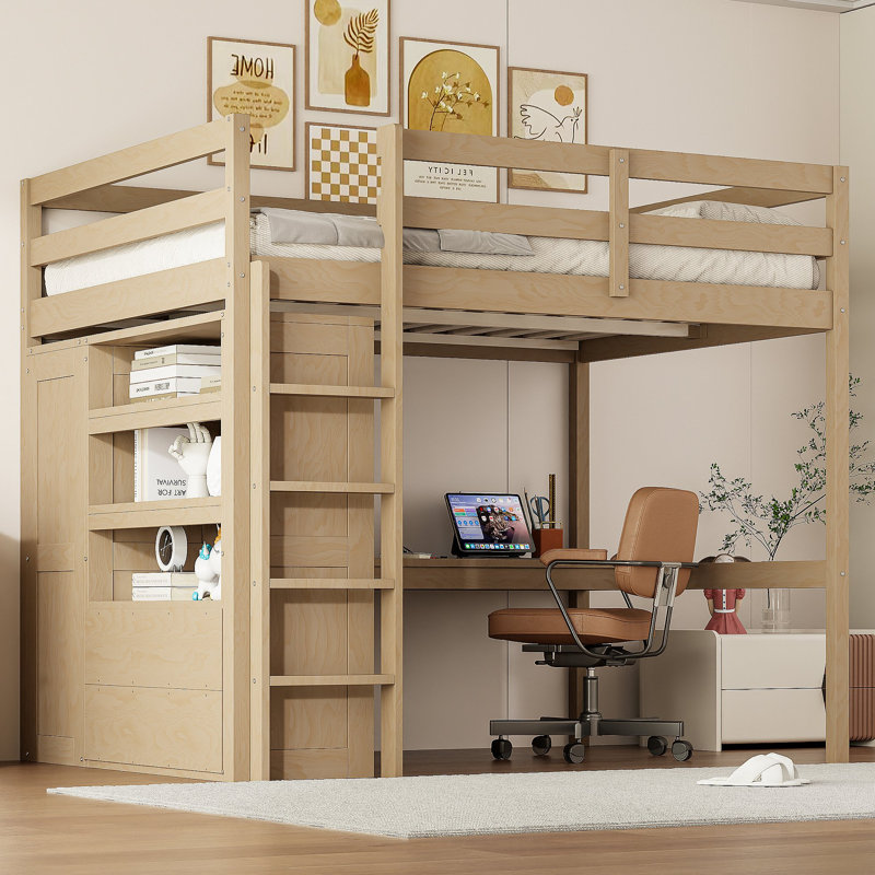 Lit mezzanine en bois avec garde-robe intégré, bureau, tablettes de rangement et tiroirs, Noyer