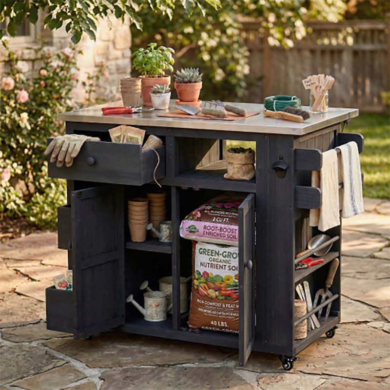 Îlot de cuisine en bois avec plateau en acier inoxydable, support à épices latéral et rangement pour barbecue et fêtes, Noir