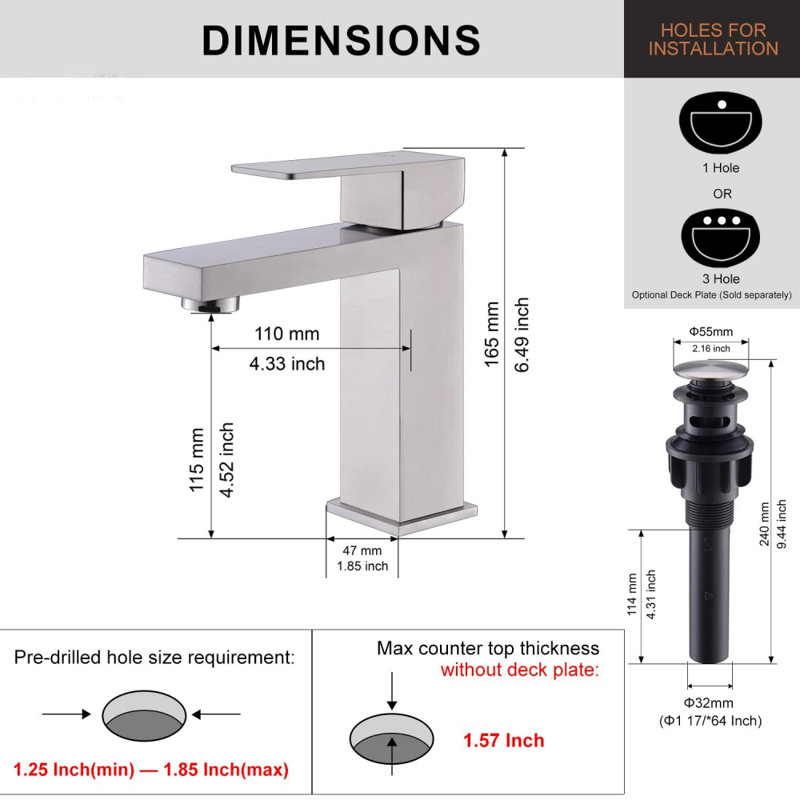 Robinet de salle de bain à un trou avec drain