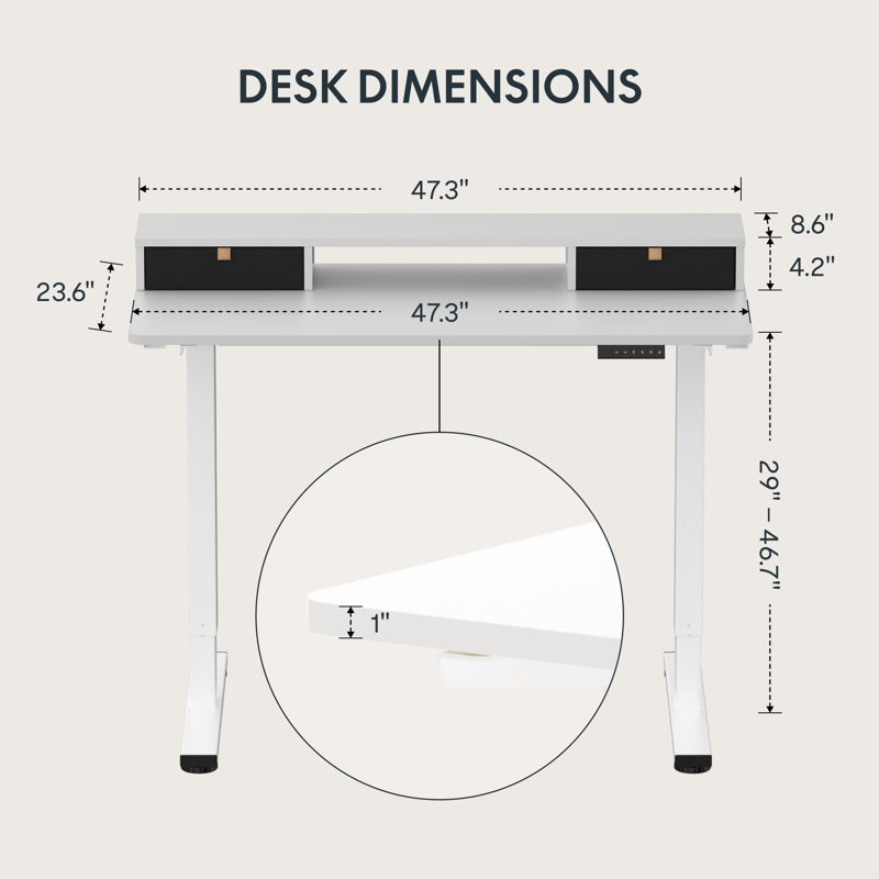 Lysandre Home Office Height Adjustable Standing Desk with 2 Drawers, White, 48.6" H x 47.3" W x 23.6" D