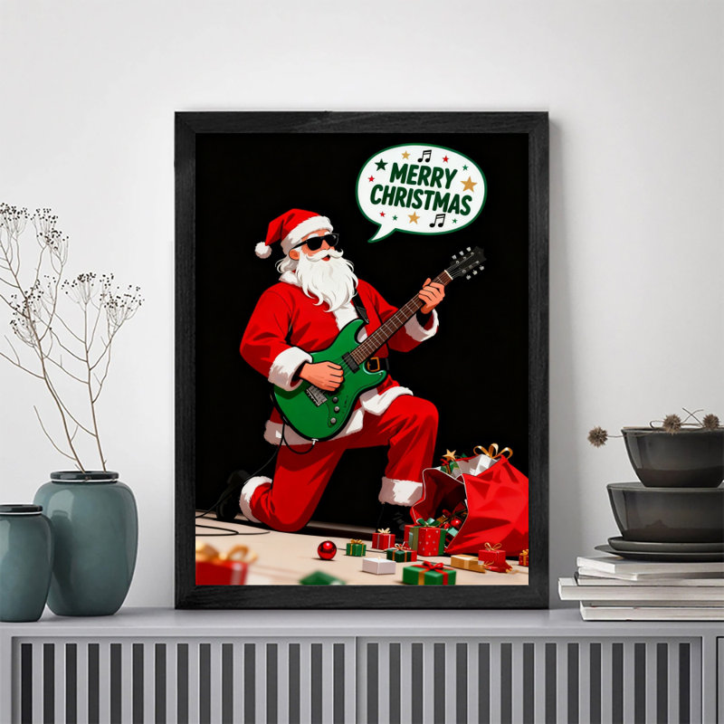 Art encadré noir «Merry Christmas», père Noël jouant de la guitare électrique, impressions encadrées de style rétro