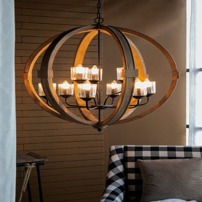 Lustre en forme de globe à 9 lumières, lustre en bois avec chaîne réglable pour le vestibule de la salle à manger de la cuisine, ampoule non incluse