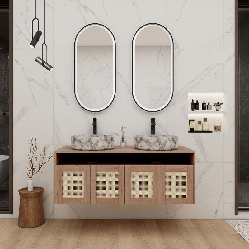 Meuble-lavabo écologique avec lavabo en céramique, portes à fermeture douce et conception flottante moderne pour une vie durable