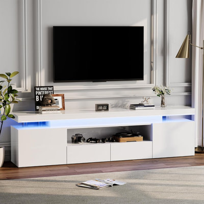 Meuble télé moderne blanc à DEL ultrabrillant - convient aux téléviseurs de 75/80/85 po - lumières à DEL RVB, tablettes en verre, prises de courant - console multimédia pour le salon et la chambre à coucher