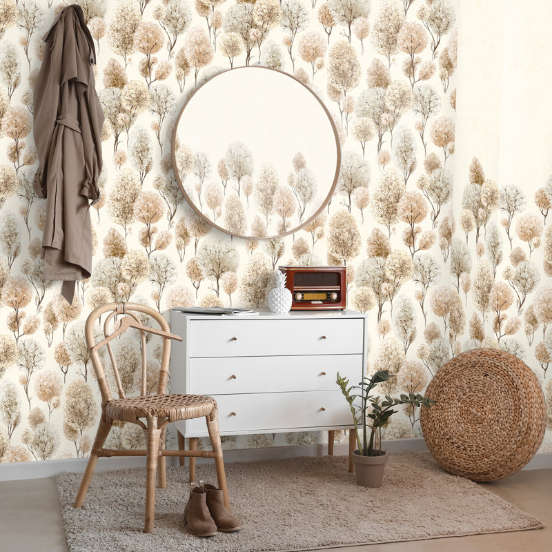 Julie Feels Home Collection Glitter/Shimmer Large Tilia Trees Wallpaper Roll, Cord Cream