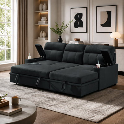 Canapé-lit de 93 po en microfibre polie noire avec méridienne orientée vers la droite - lit escamotable en forme de L, deux porte-gobelets, accoudoirs de rangement, design fonctionnel contemporain