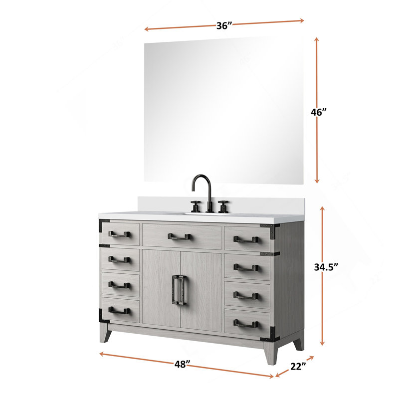 Meuble-lavabo simple en chêne blanc 48 po X P 22 po D, comptoir en quartz blanc, ensemble de robinet et Miroir