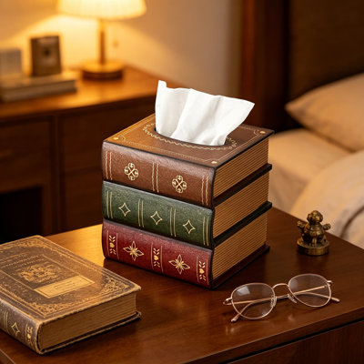Antique Wooden Book Tissue Holder, Square Tissue Box Cover Decorative Cube Tissue Dispenser Retro Napkin Holder for Bathroom Bookshelves Library Office Brown Lid