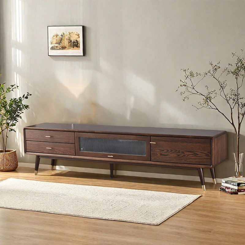 Meuble télé moderne et minimaliste en bois massif, Bois brun foncé, H 17,7 po x L 78,7 po x l 13,8 po
