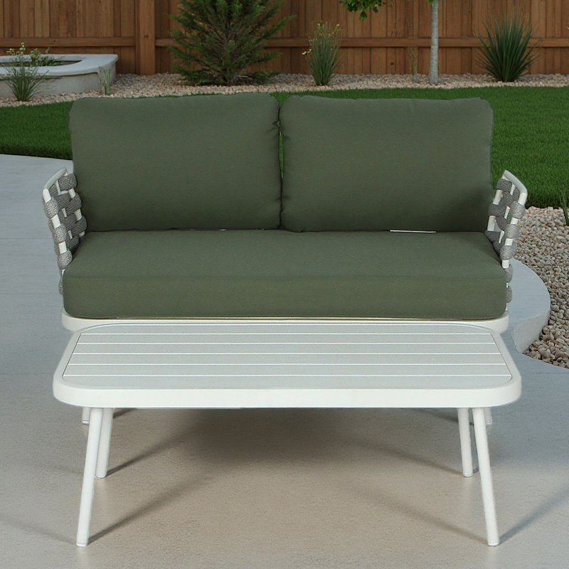Causeuse et table en acier, 2 pièces: table, causeuse, Vert, Blanc cassé