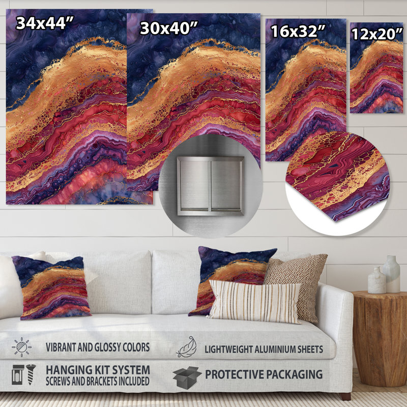 «Blue Gold Drifting Glow Of Agate II - Stone Geode», impression métallique traditionnelle, H 32 po x l 16 po x P 0,84 po