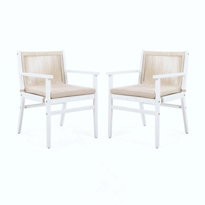 Outdoor Dining Chairs Set Of 2, Acacia Wood Patio Armchair With Rope Design Back And Water Repellent Cushion, Frame, 400Lbs Weight Capacity