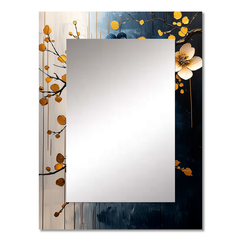 Or doré, branches de cerisier III, grand miroir mural traditionnel, impression sur métal, 32 po x 24 po
