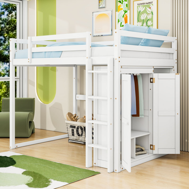Full Wood Loft Bed With Built-In Ladder, Storage Shelves, Wardrobe And LED Light, White