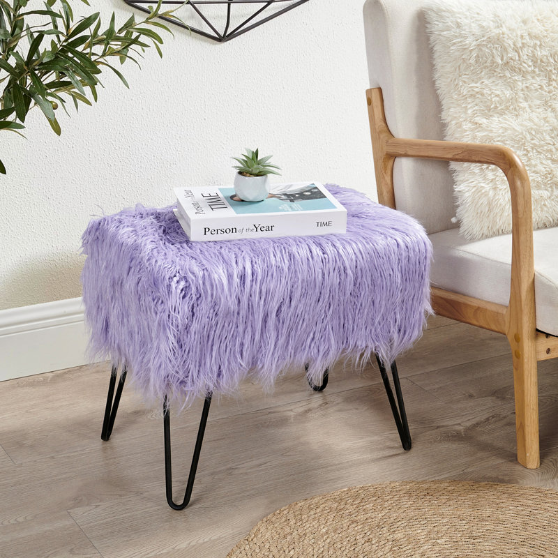 Keilia Upholstered Ottoman, Lavender Faux Fur