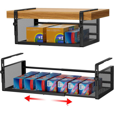 2Pack Under Shelf Basket, Adjustable Hanging Under Cabinet Shelf Storage, Hanging Holder Length Stretchable 14.9-22.6Inch For Kitchen Pantry Desk Coun