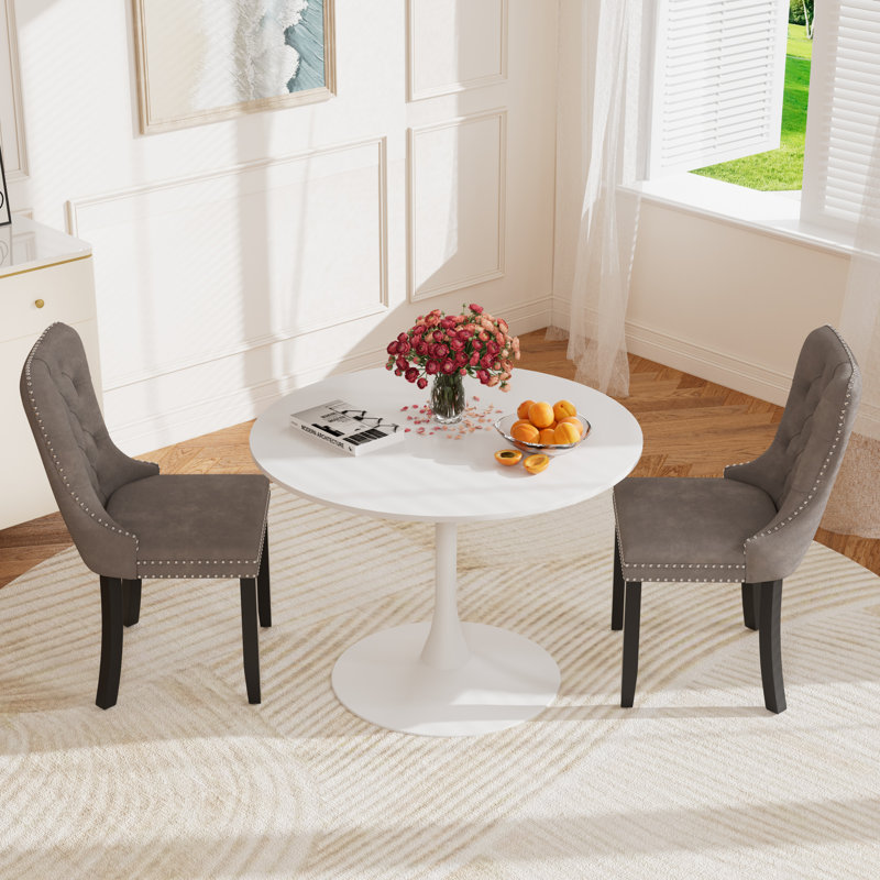 Round Pedestal Dining Set with 2 chairs, White/White, Gray