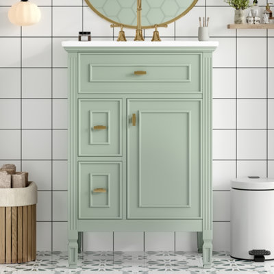 Meuble-lavabo de 24 pouces avec lavabo, armoire en bois massif et panneau de fibres à densité moyenne avec un tiroir rabattable, deux tiroirs standard et une tablette réglable, meuble-lavabo vert autoportant pour le rangement de la salle de bain