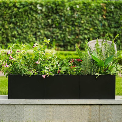 Lit de jardin surélevé moderne en acier noir, jardinière extra longue avec séparateurs amovibles